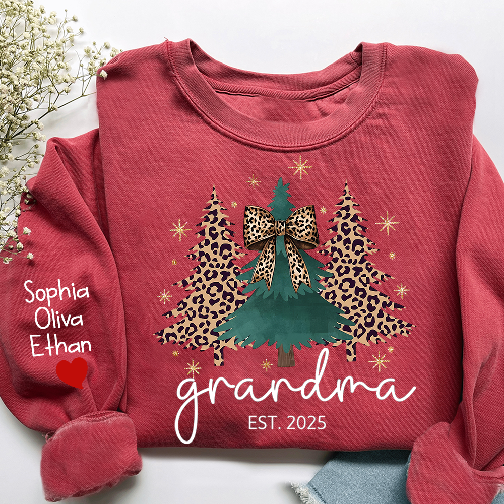 Christmas Sweater Printed with Personalized Name, Leopard Christmas Tree Personalized Gift for Grandma