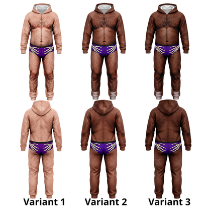 Funny Halloween Skeleton Hands Onesie – Men’s 3D Body Illusion Hooded Jumpsuit, Purple Costume Pajamas