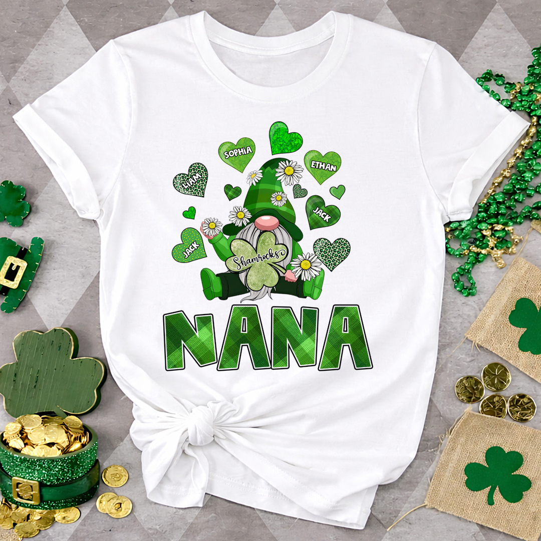 Nana Shamrock Shirt for St Patrick’s Day, Personalized Family Gnome T Shirt, for Grandma and Kids