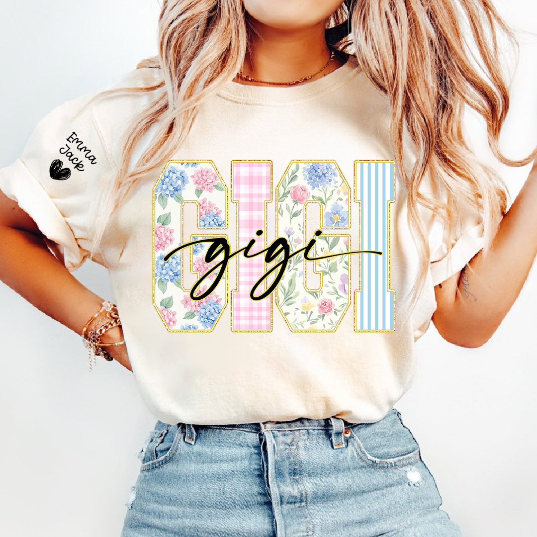 Custom Gigi T Shirt for Women, Personalized Grandma Tee, Floral Pattern Letters Graphic Shirt, Family Love Gift for Gigi