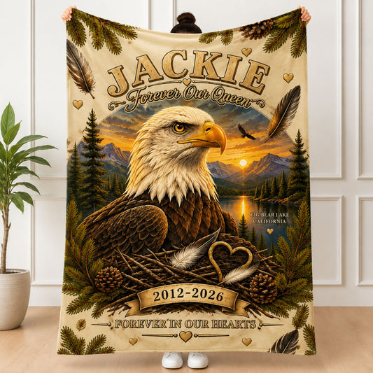 Jackie Big Bear Bald Eagle Memorial Blanket, Forever Our Queen 2012–2026, In Loving Memory Gift for Eagle Fans
