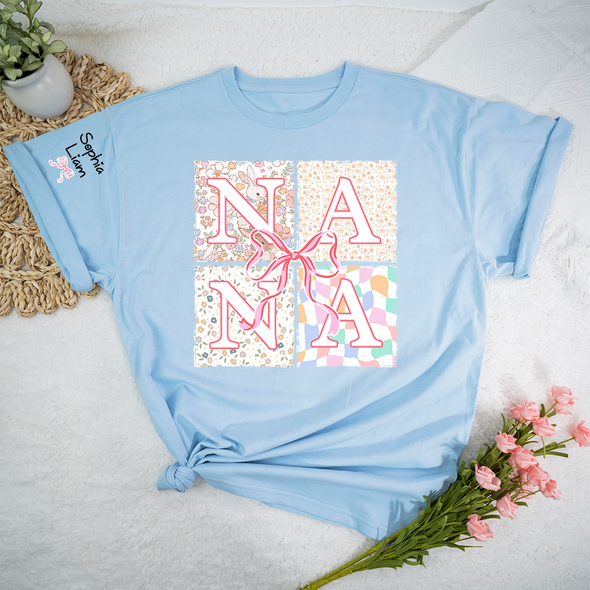 Personalized Nana Easter Shirt, Custom Grandma Shirt With Grandkids Names, Floral Bunny Patchwork Design