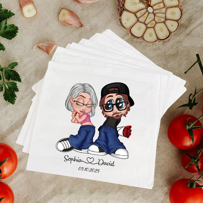 Y2K Couple Personalized Wedding Napkins – Custom Illustration Cocktail Napkins for Wedding, Shower & Engagement