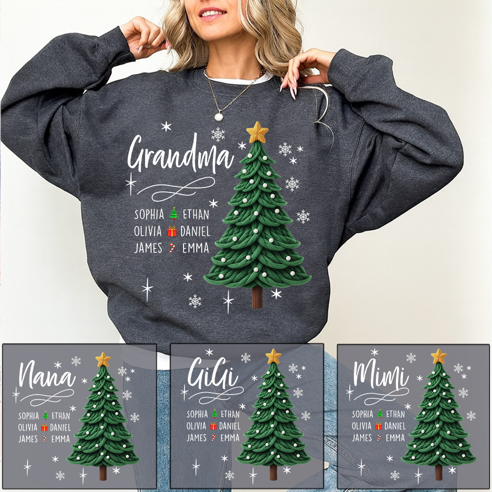 Nana Christmas Sweatshirt with Grandkids’ Names, Cute Tree Holiday Gift