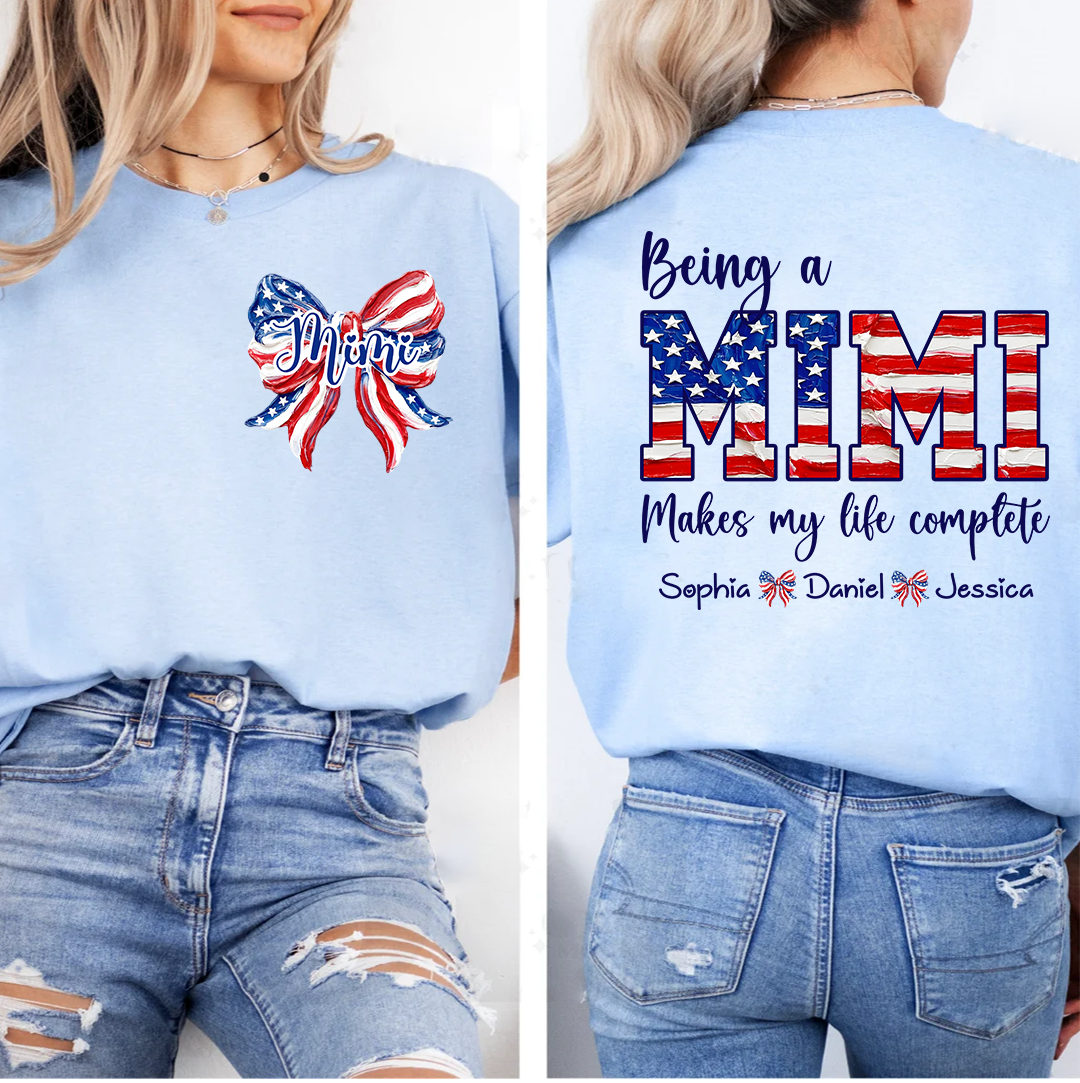 Personalized Mimi Patriotic Shirt, Being a Mimi Tee with Kids Names, American Flag Bow Graphic Gift