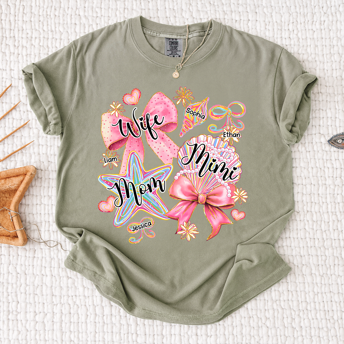 Comfort Colors Personalized Wife Mom Mimi Beach Shirt with Grandkids Names, Custom Grandma Coastal T Shirt for Women, Summer Family Vacation Gift