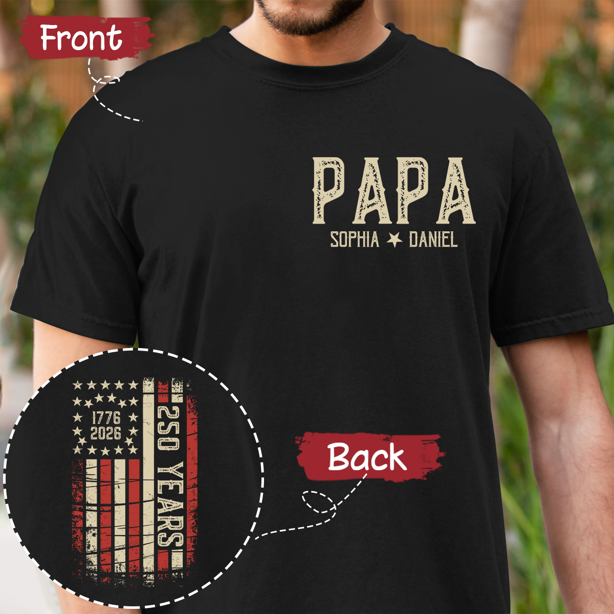 Personalized Papa Shirt, Custom Family Names T Shirt, 250th Anniversary American Flag Design, Patriotic Gift for Papa