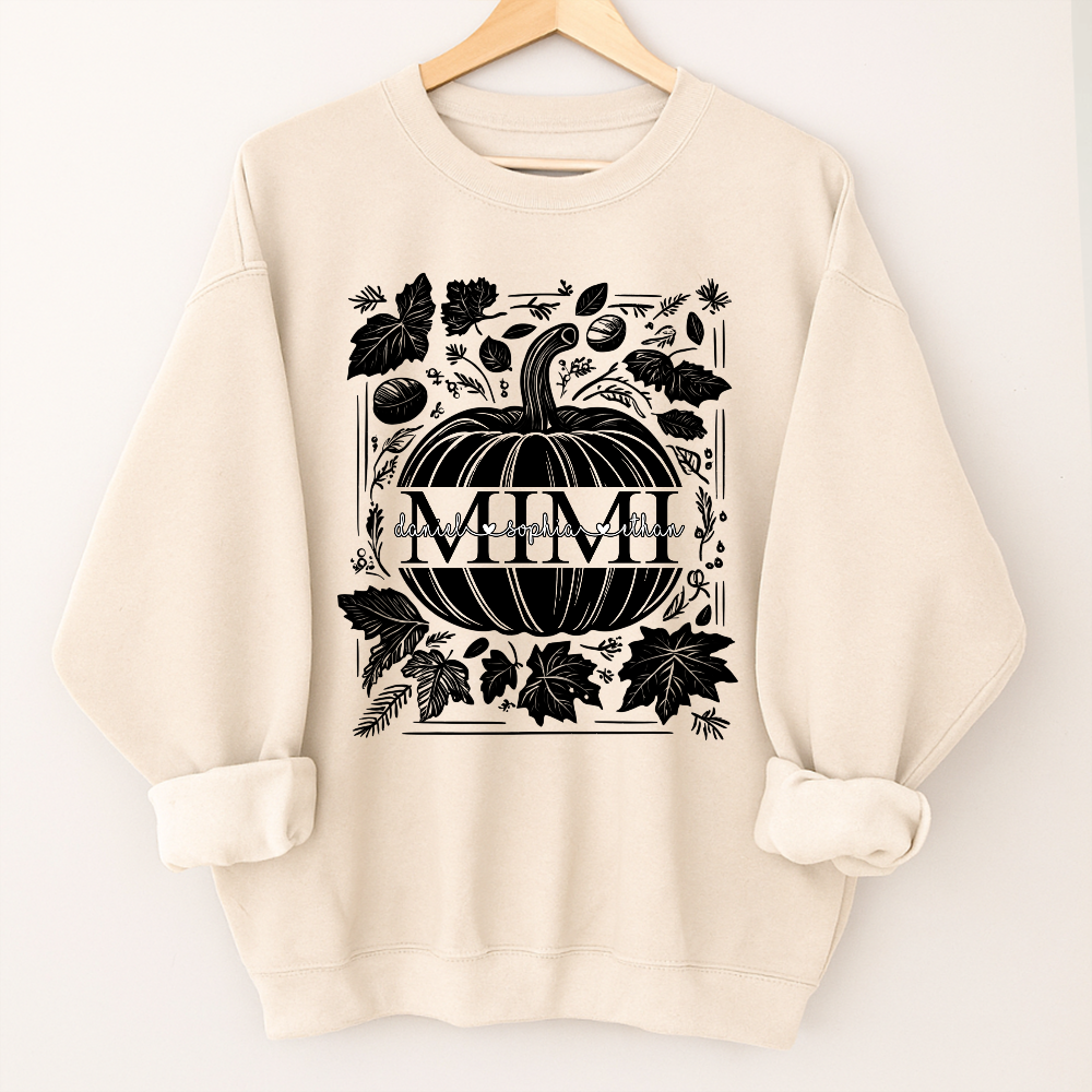 Custom Mimi Autumn Sweatshirt, Pumpkin and Leaf Design with Grandkids Names, Personalized Grandma Fall Apparel