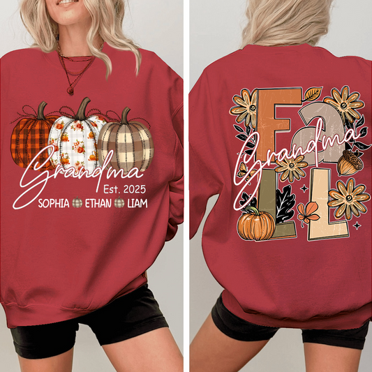 Grandma Autumn Sweatshirt, Pumpkin Floral Shirt with Custom Grandkids Names