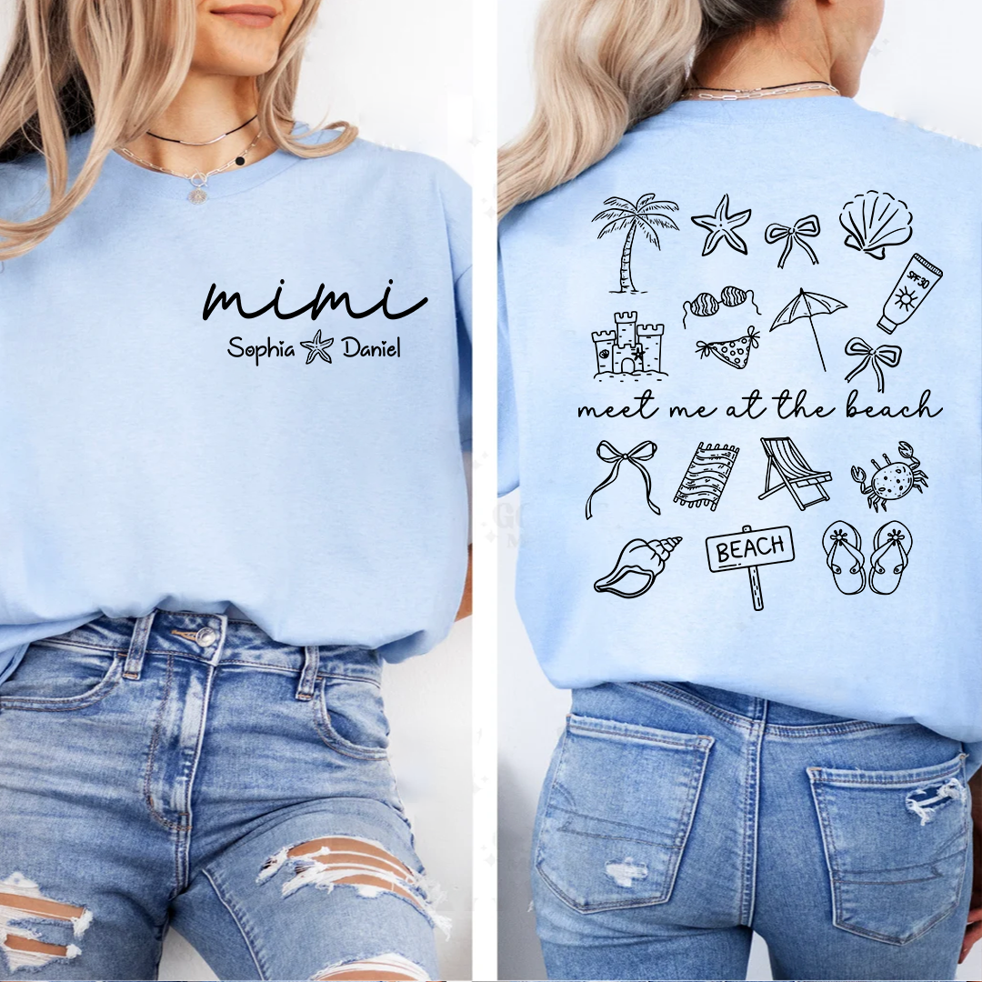 Personalized Mimi Beach Shirt with Grandkids Names, Meet Me at the Beach Back Print Tee, Custom Coastal Summer Gift for Grandma