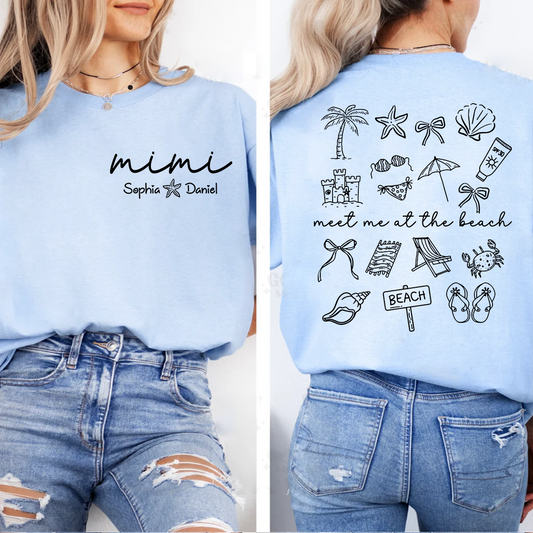 Personalized Mimi Beach Shirt with Grandkids Names, Meet Me at the Beach Back Print Tee, Custom Coastal Summer Gift for Grandma