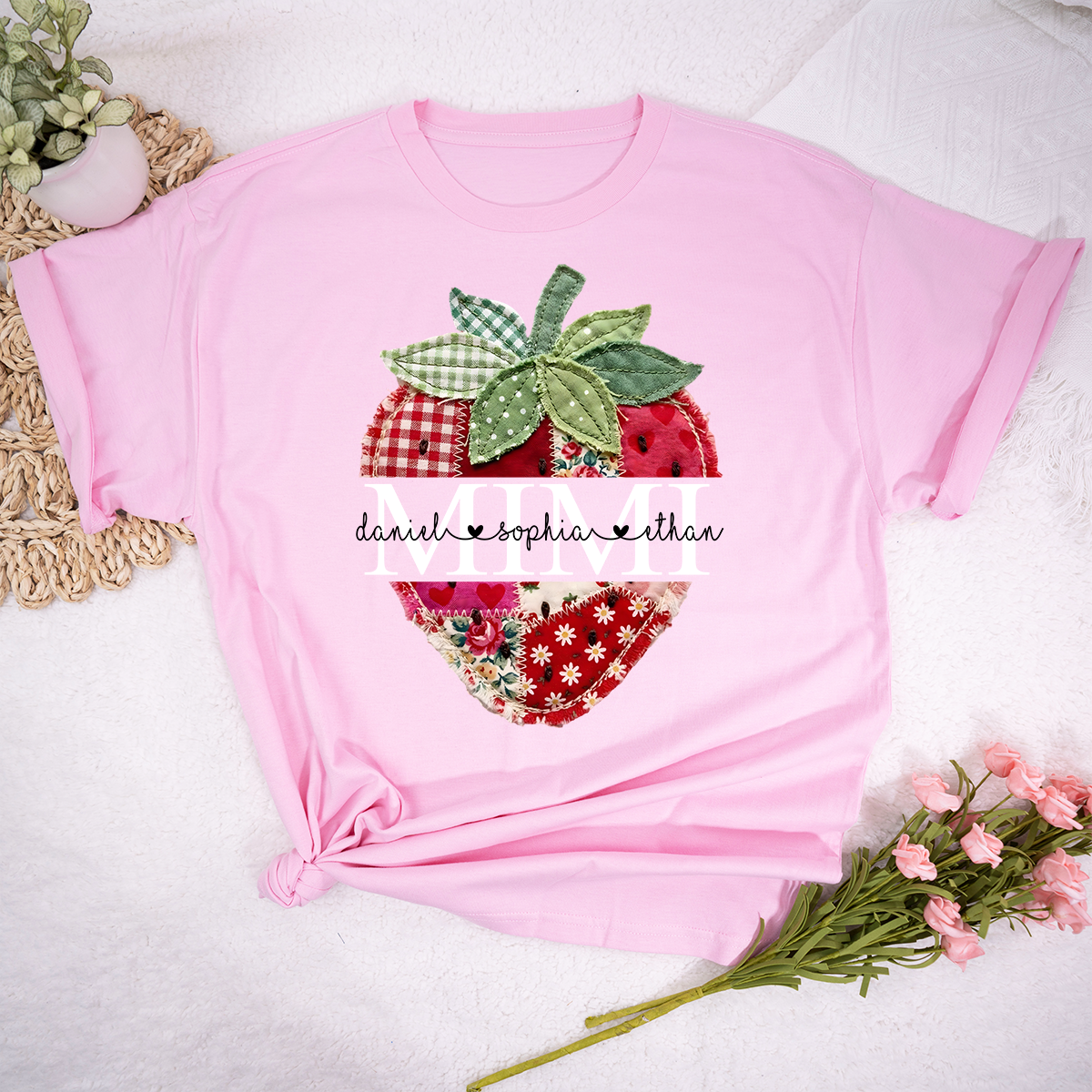 Personalized Mimi Shirt with Kids Names, Vintage Strawberry Patchwork Design Tee, Cute Grandma Gift for Summer