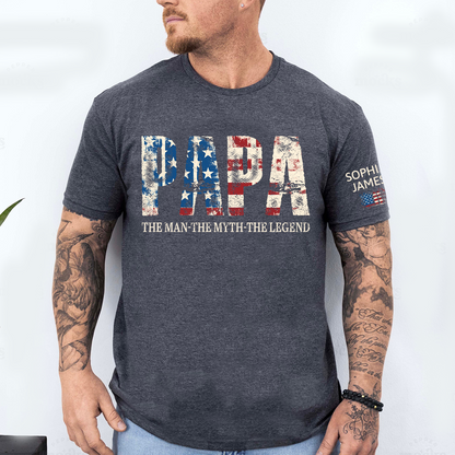 Papa The Man The Myth The Legend Tee, Custom Papa Shirt with Kids Names, USA Flag Design, Meaningful Gift for Father Grandpa