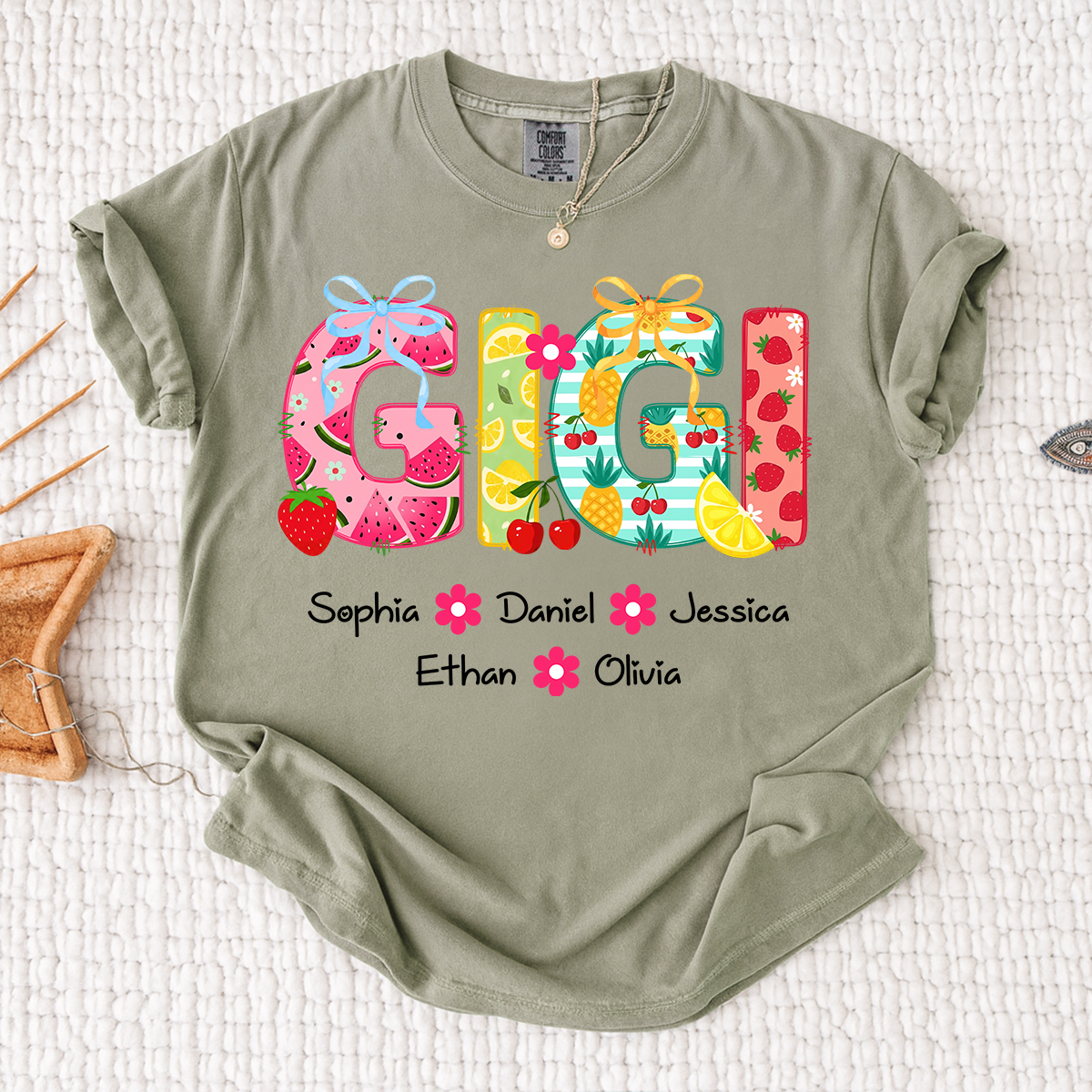 Comfort Colors Personalized Gigi Summer Shirt, Custom Grandma T Shirt with Grandkids Names, Fruit Pattern Family Tee for Gigi Nana Mimi