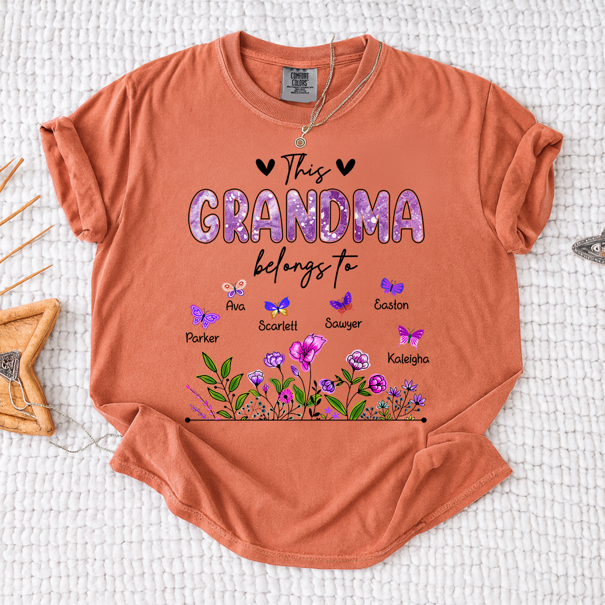 Comfort Colors® This Grandma Belongs To Tee, Custom Grandma Shirt with Grandkids Names, Floral Garden Theme, Meaningful Family Apparel