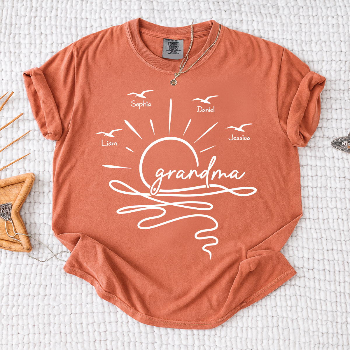Comfort Colors Personalized Grandma Sunset Shirt, Custom Grandkids Names T Shirt, Beach Grandma Gift for Nana Mimi Gigi Women