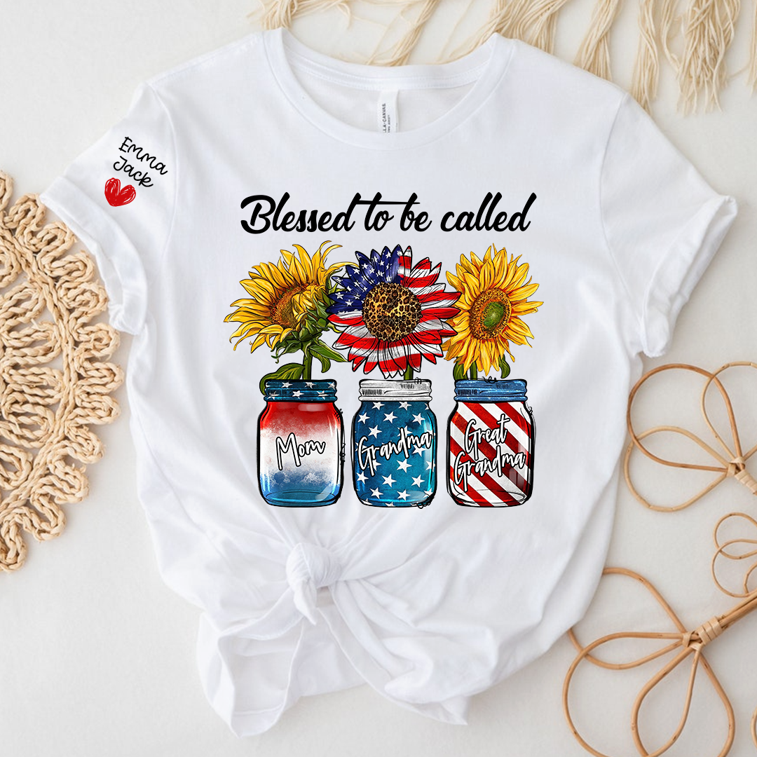 Blessed to be Called Nana Shirt, Custom Family T-Shirt with Sunflower and Flag Design, Give Family