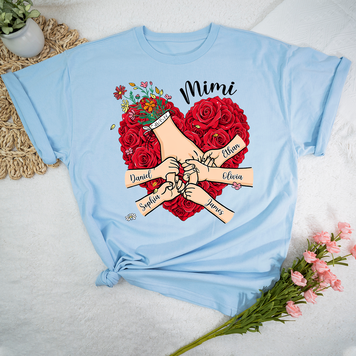 Mimi Heart Shirt, Custom Floral Handprint Family Shirt, Personalized Grandkids Names Tee, Special Gift for Mimi