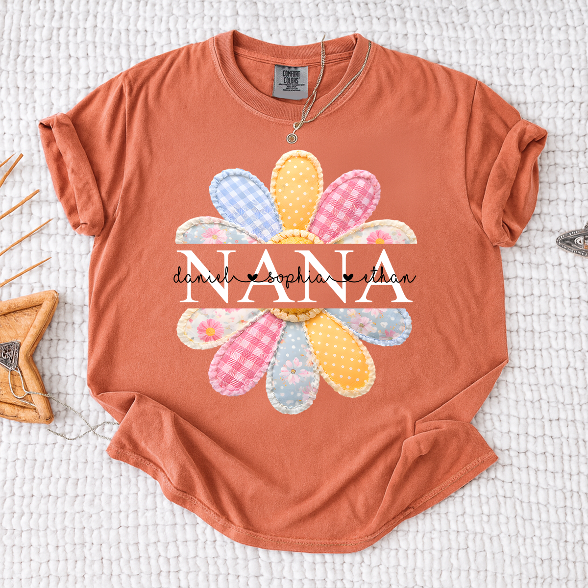 Comfort Colors Personalized Nana Shirt with Colorful Patchwork Daisy – Custom Grandma Gift with Grandkids  Names