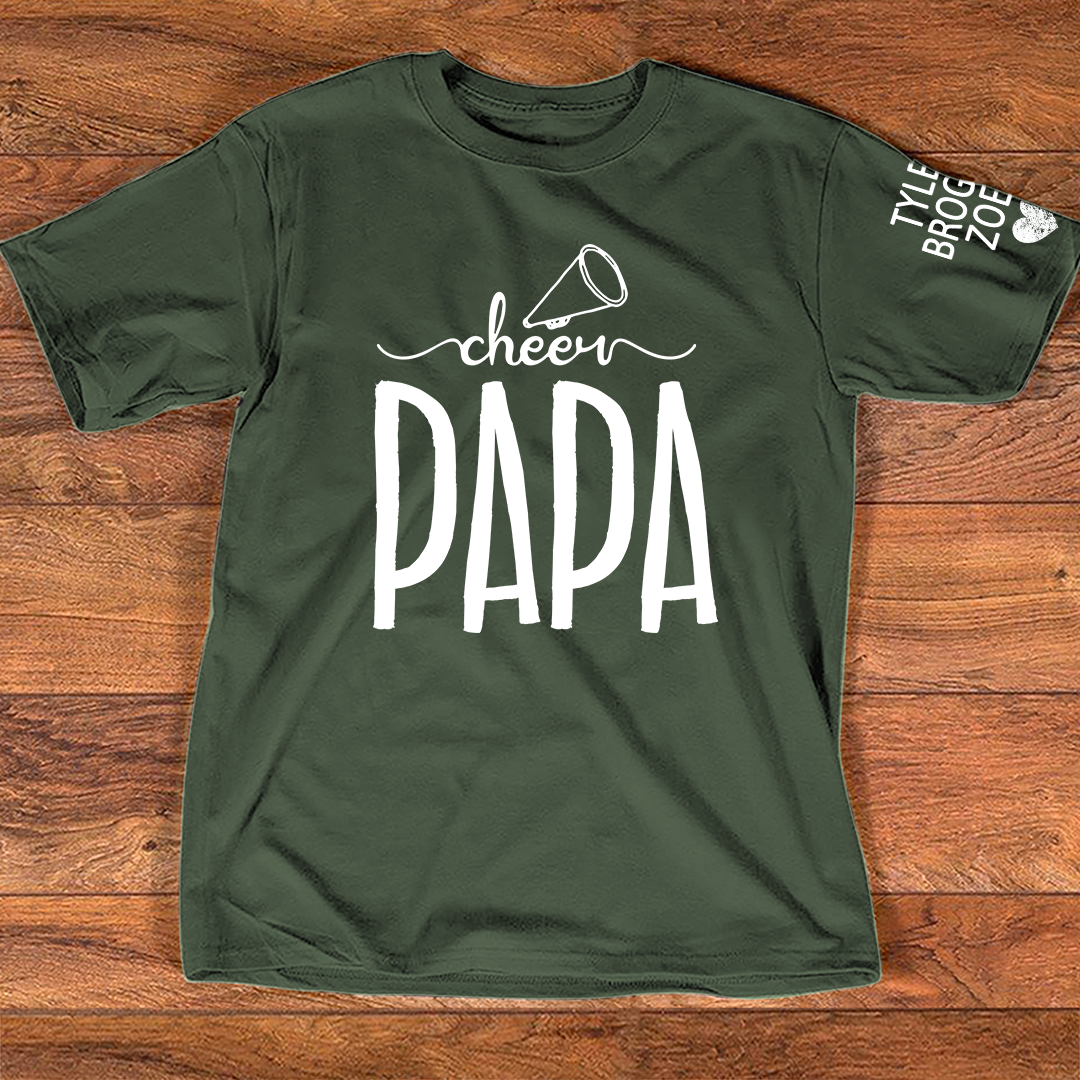 Custom Cheer Papa Tee, Personalized Dad's Cheer T-Shirt with Kid's Names