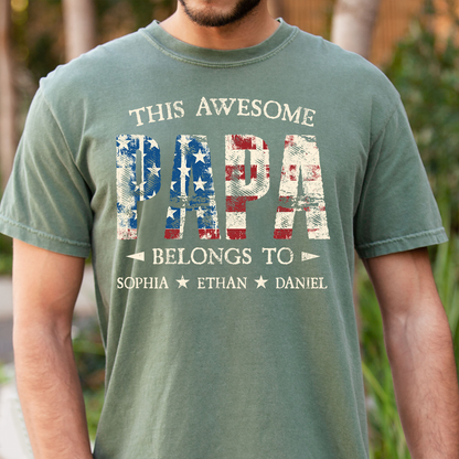 Custom This Awesome PAPA T Shirt, Personalized with Kids Names, Unique American Flag Design for Father's Day