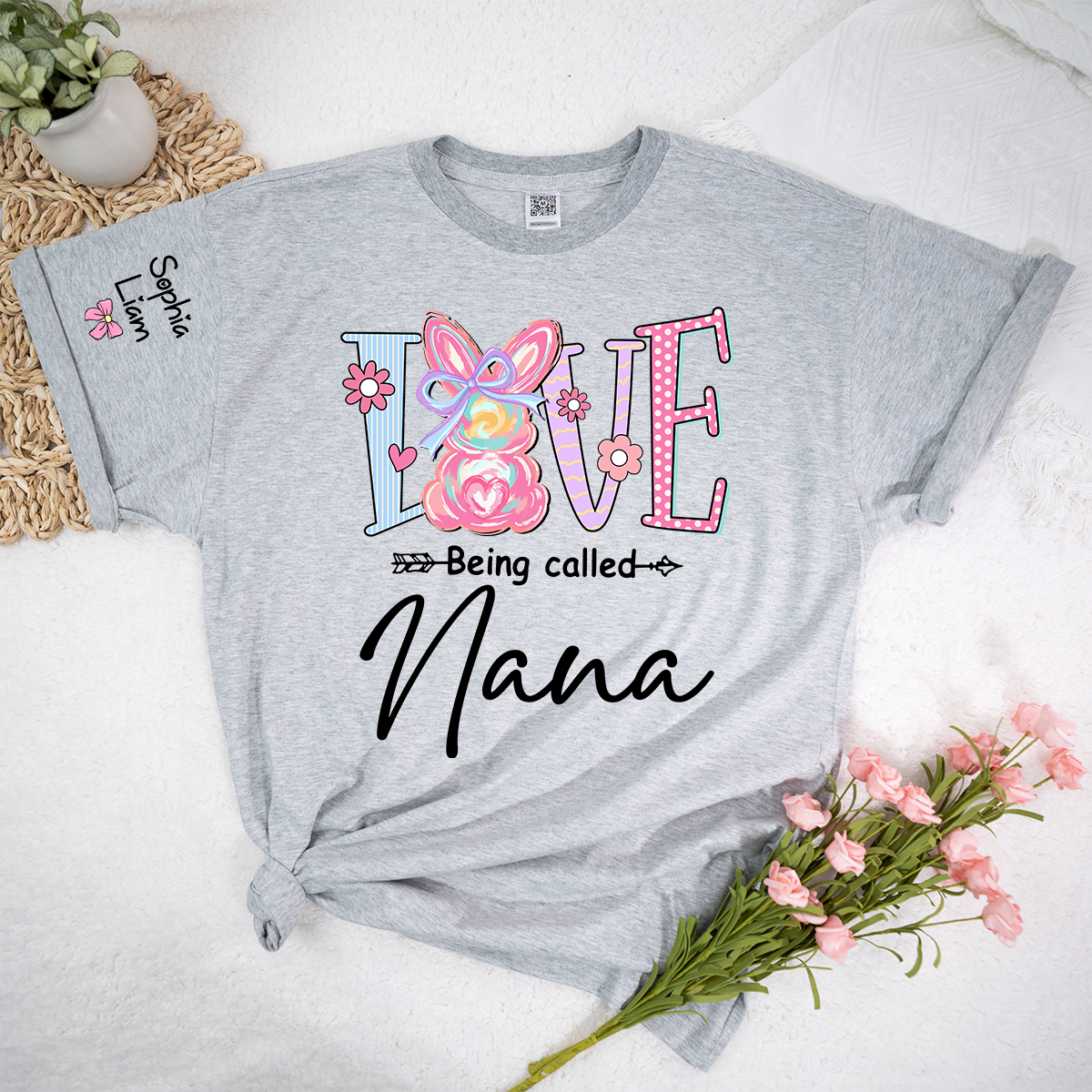 Love Being Called Nana Shirt Personalized, Custom Bunny Grandma Tee with Grandchild Name