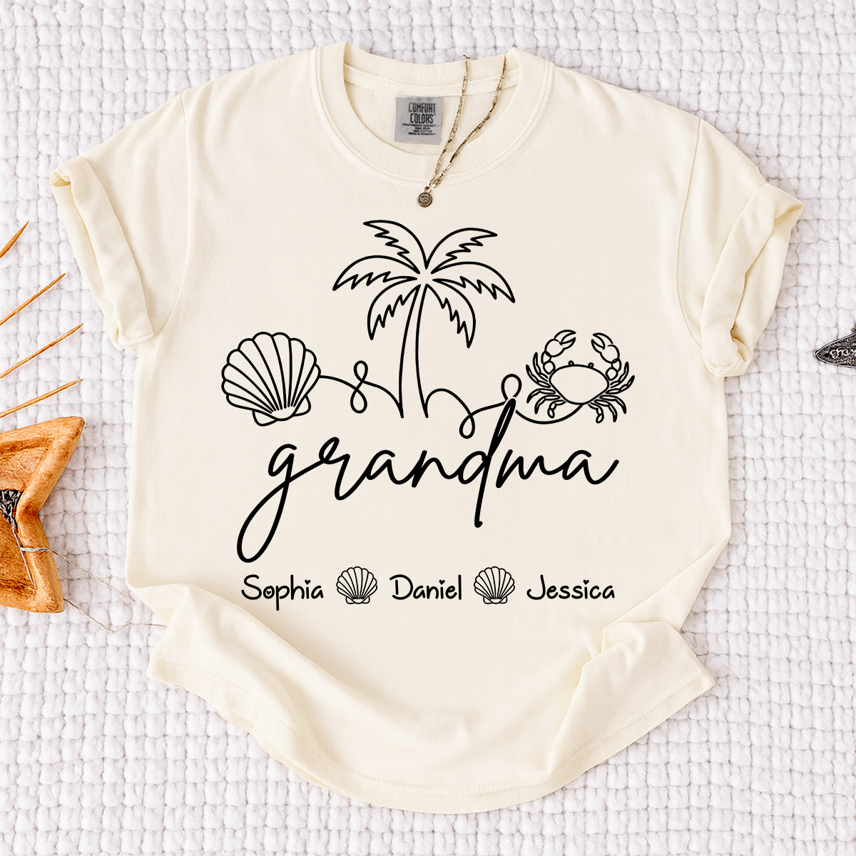 Comfort Colors Personalized Grandma Shirt with Grandkids Names, Custom Beach Line Art Tee, Palm Tree Shell Crab Family T-Shirt