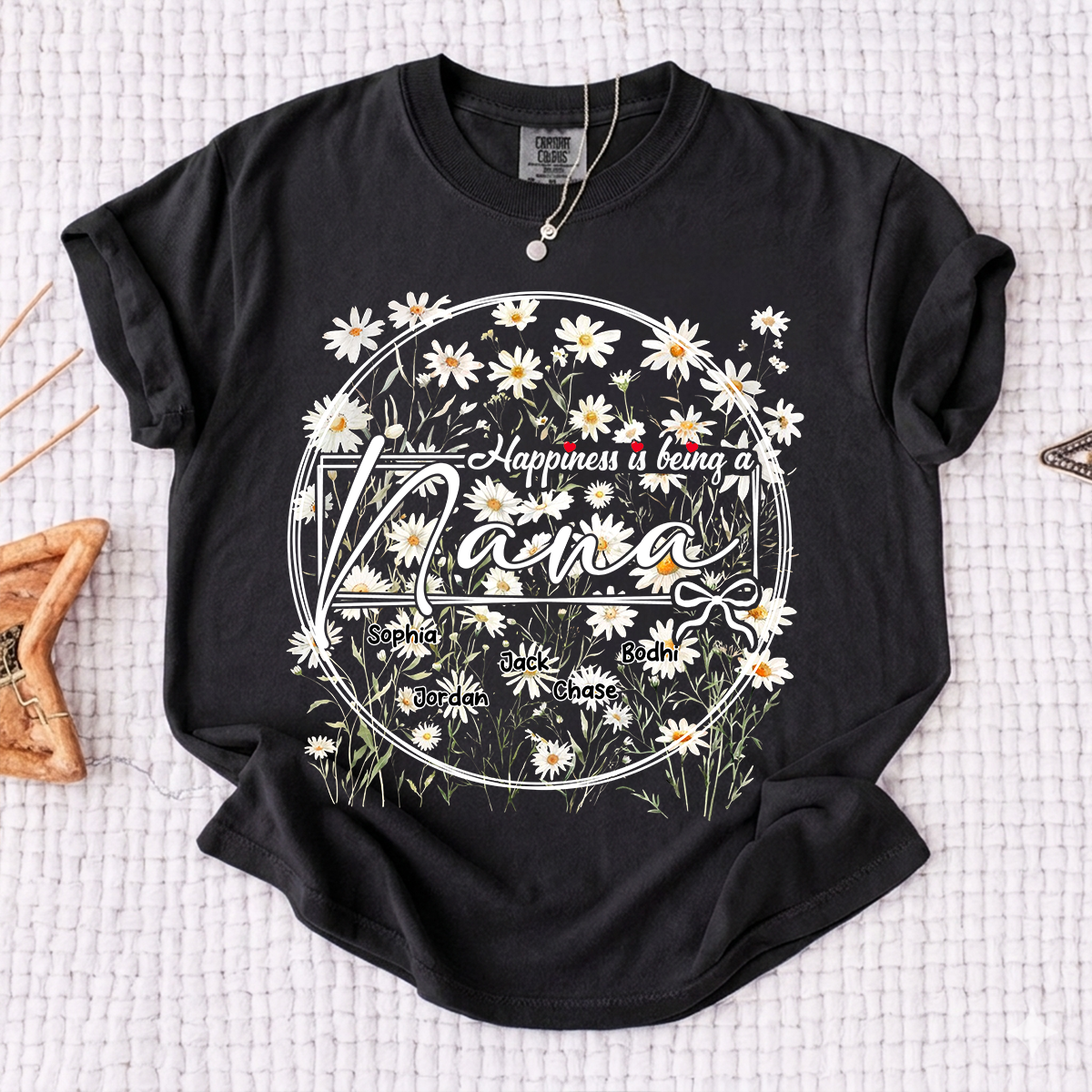 Comfort Colors® Personalized Nana Shirt with Kids' Names, Custom Floral Design, Happiness is Being a Nana
