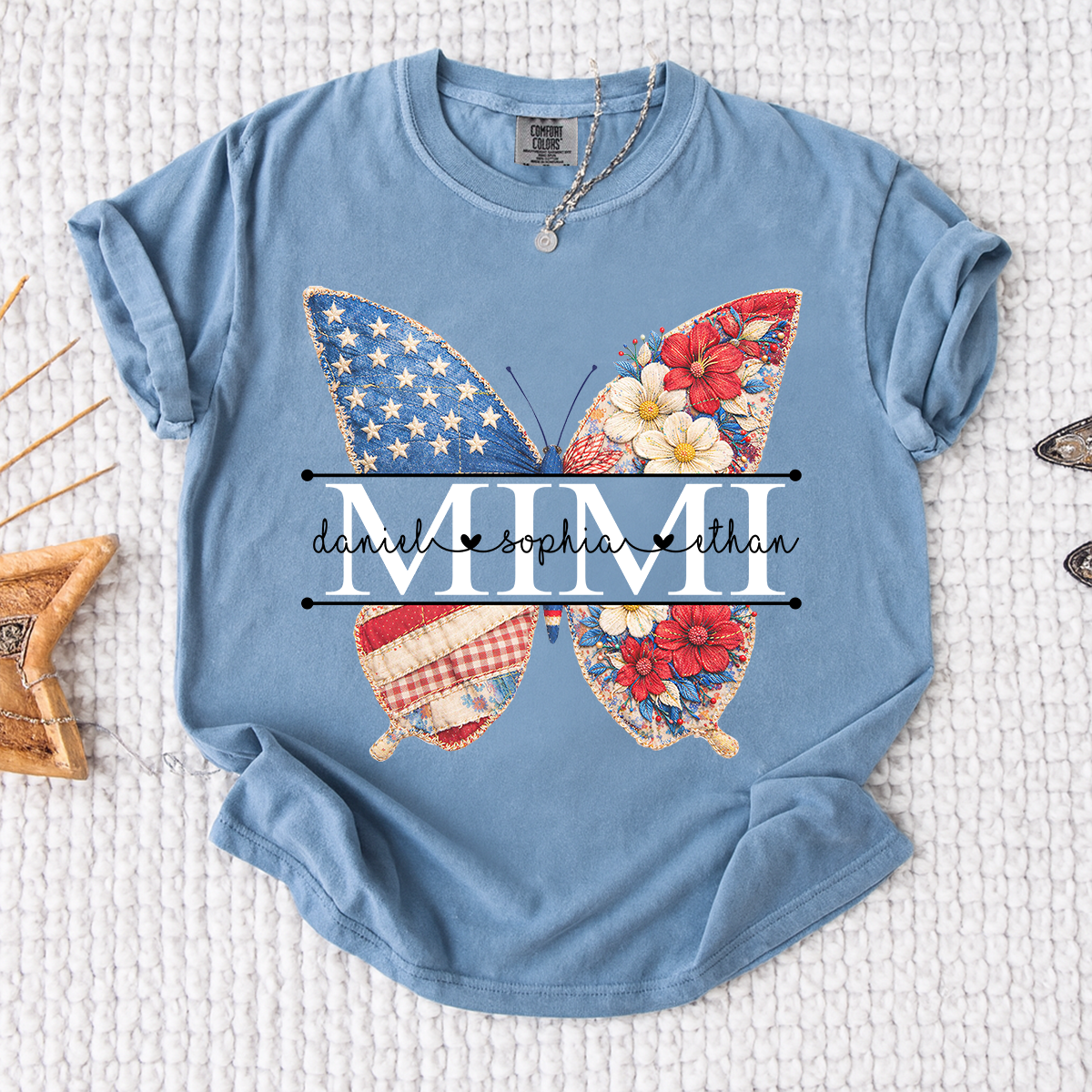 Comfort Personalized Mimi Shirt with Grandkids Names, American Flag and Flower Butterfly Design