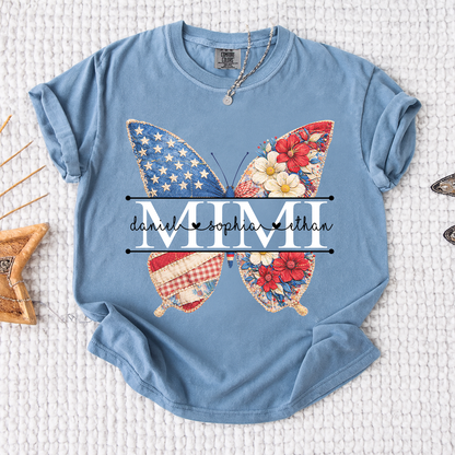 Comfort Personalized Mimi Shirt with Grandkids Names, American Flag and Flower Butterfly Design