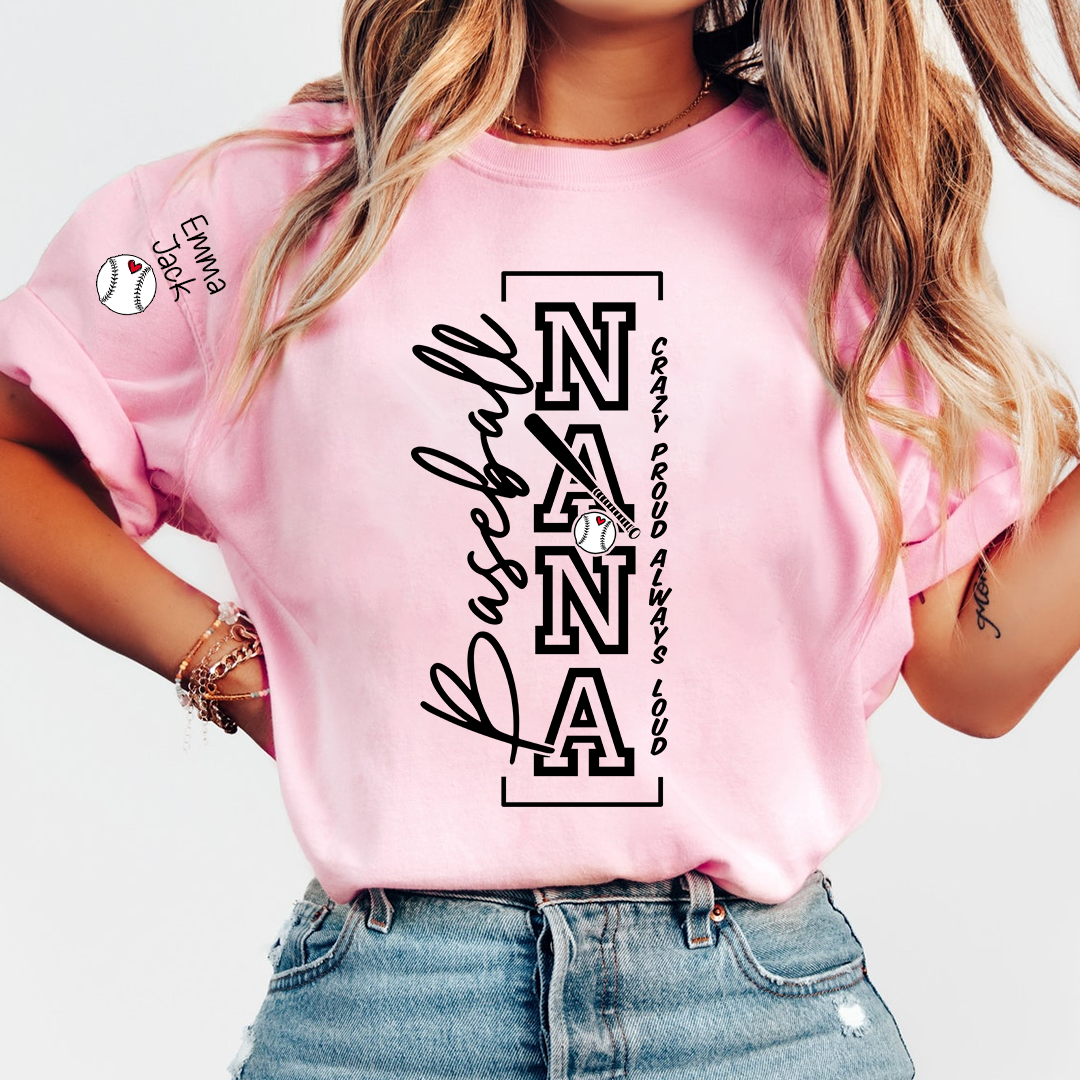 Baseball Nana T-Shirt, Custom Family Name Shirt with Modern Vertical Graphic