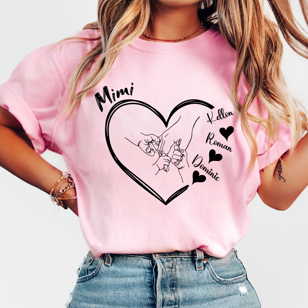 Personalized Mimi Shirt with Grandkids Names, Hands Holding Heart Graphic Family Tee
