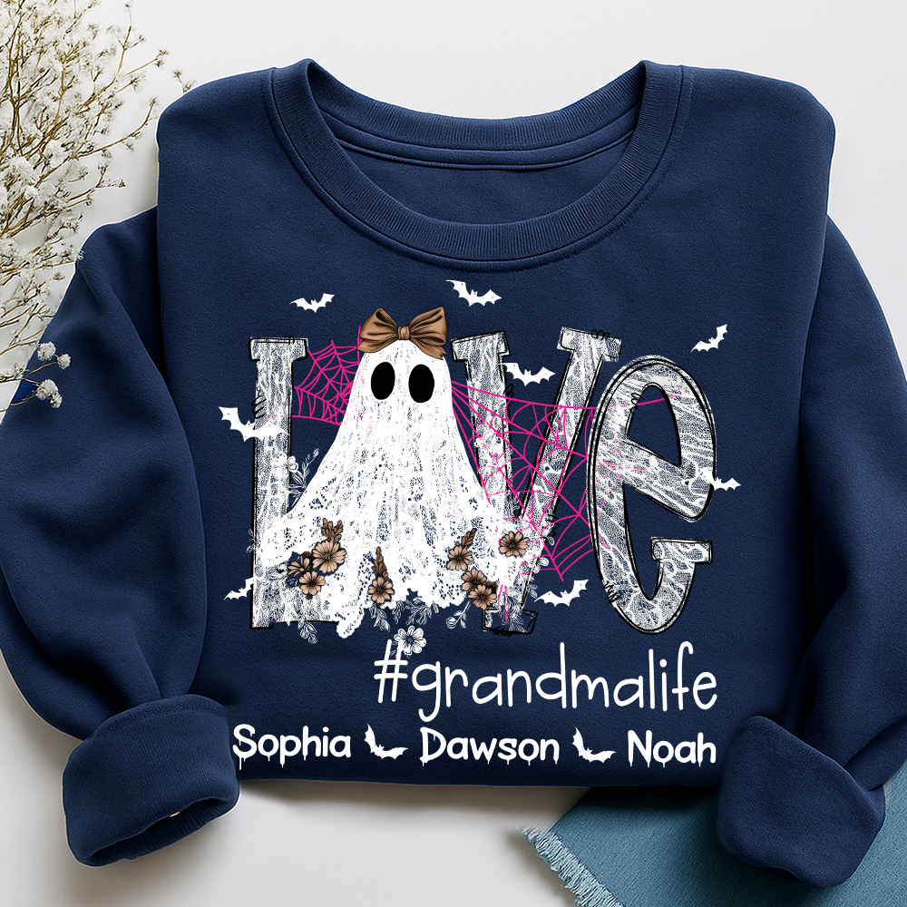 Personalized Mimi Life Halloween Sweatshirt, Custom Love Ghost Shirt with Kids Names