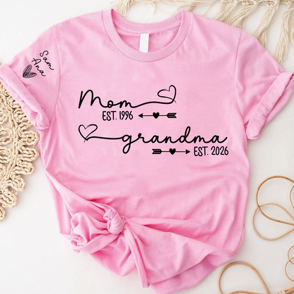 Personalized Mom and Grandma Shirt, Custom EST Year T-Shirt with Heart and Arrow Design for Mom and Grandma