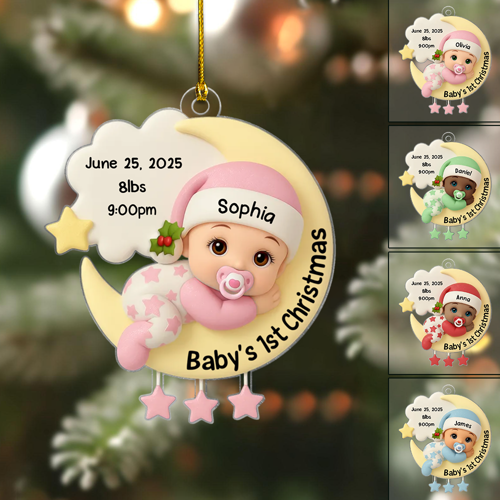 Personalized Baby’s First Christmas Ornament 2025 – Custom Name, Birth Stats & Newborn Moon Design Keepsake for New Parents Ornament