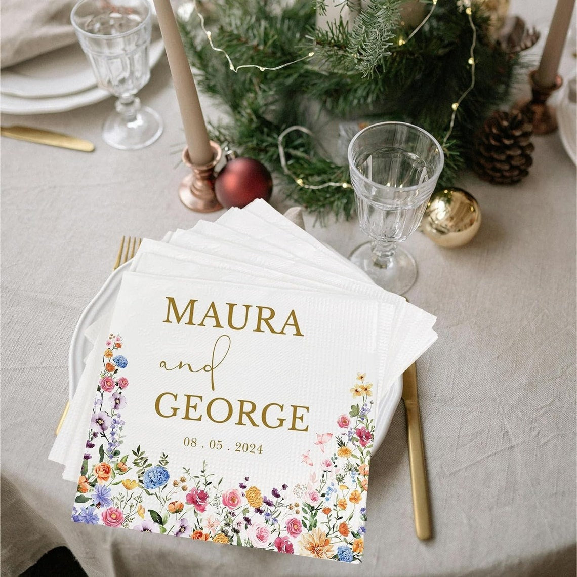 Personalized Wedding Napkins | Custom Wedding Napkins | Floral Cocktail Napkins | Save The Date | Dinner Bridal Shower Engagement Party