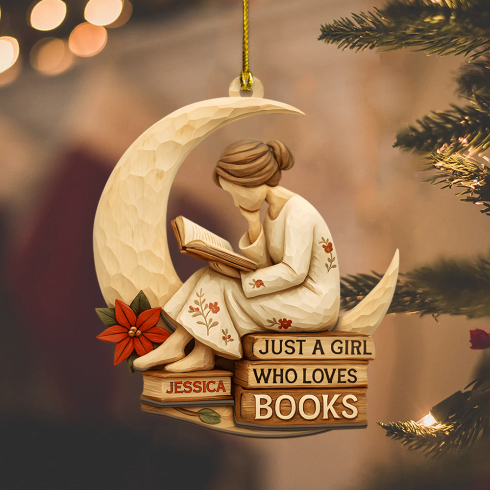 Personalized Book Lover Ornament – Custom Name Reading Girl on Moon Christmas Decoration 2025 Ornament