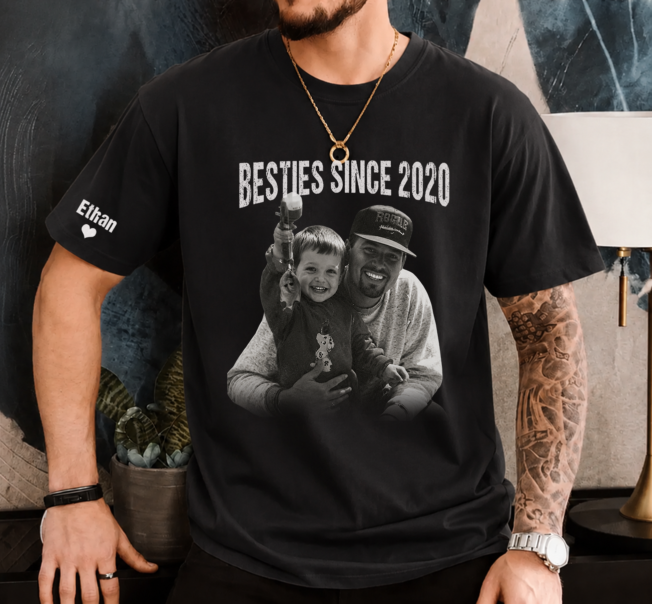 Personalized Besties Since Shirt with Custom Photo and Name on Sleeve Gift for Father’s Day
