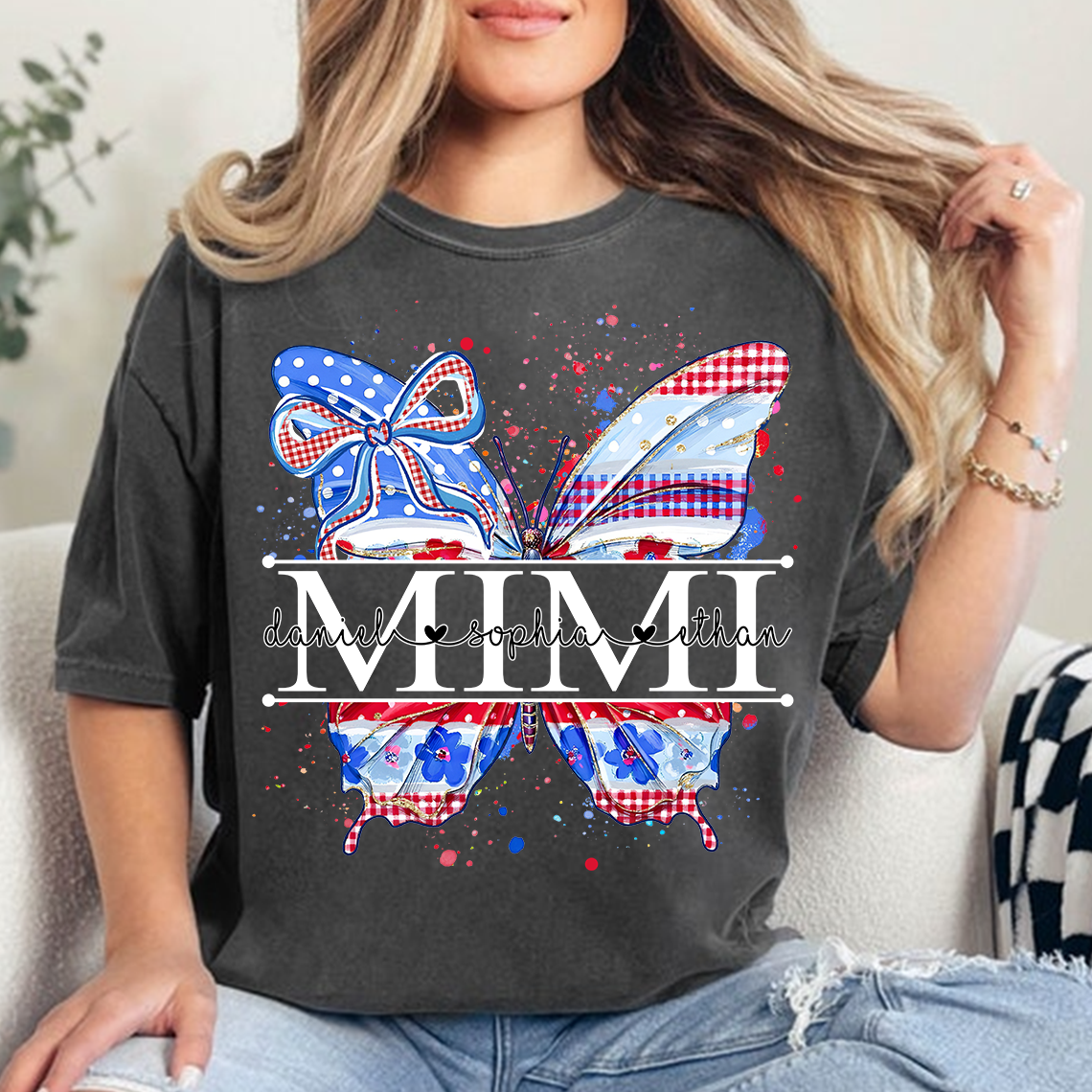 Custom Patriotic Butterfly Mimi T-Shirt, Personalized Grandma Shirt with Red White Blue USA Design