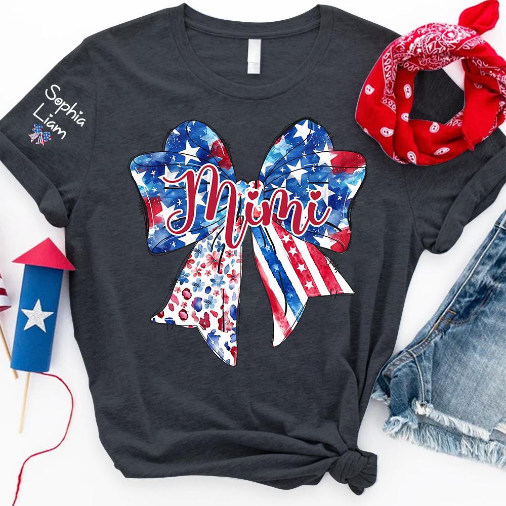 Custom Mimi Shirt with Sleeve Names, American Flag Bow Graphic Tee, Patriotic Grandma Independence Day Apparel