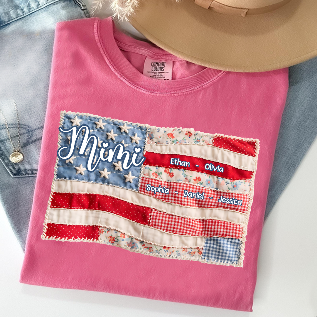 Comfort Colors Personalized Mimi Shirt with Family Names, Custom American Flag Design, Ideal Gift for Grandmother