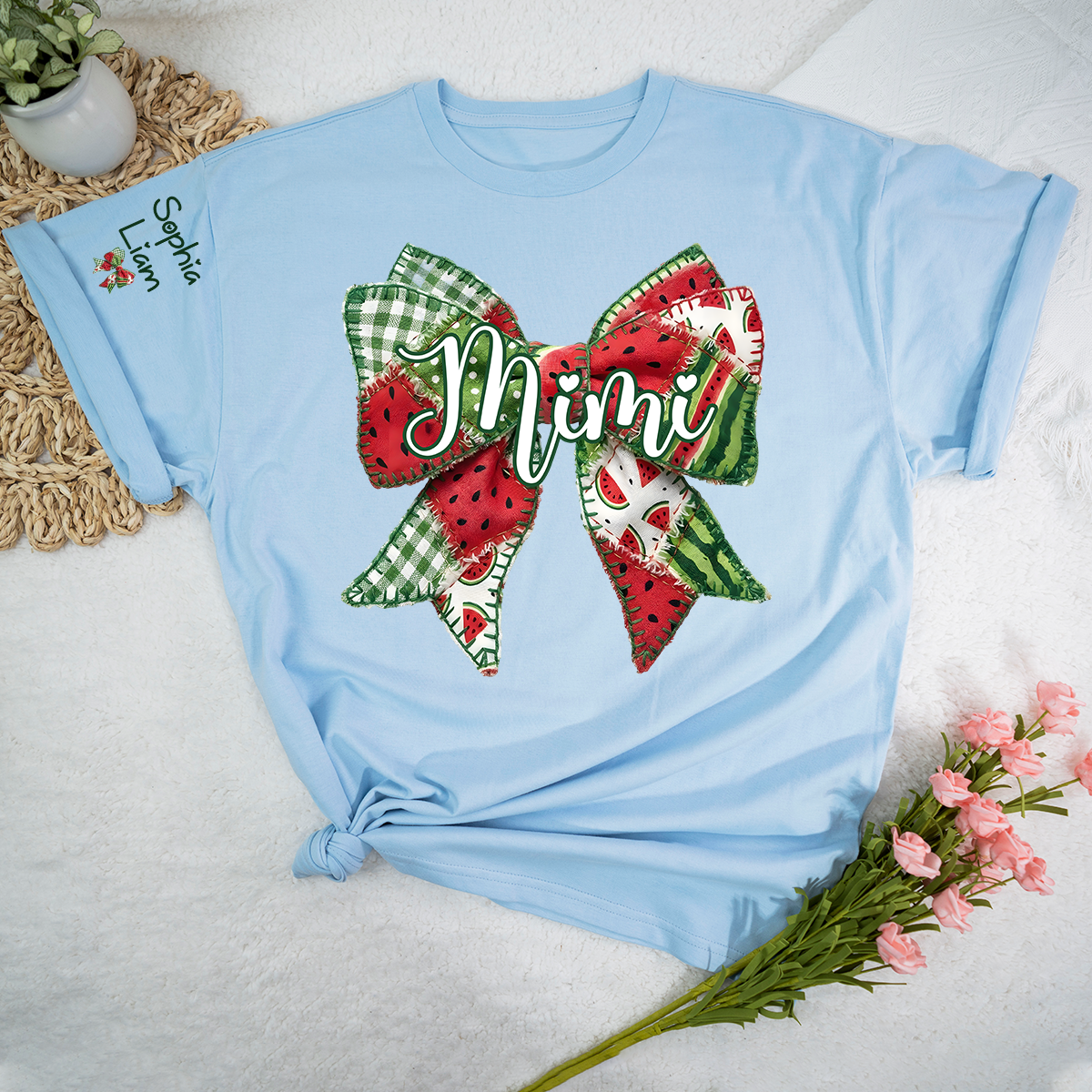 Personalized Mimi Watermelon Bow Shirt, Custom Grandma T Shirt with Grandkids Names, Summer Family Tee for Nana Gigi Mimi