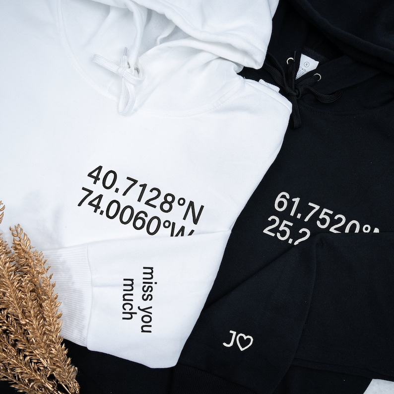Custom Embroidered Location Coordinates Hoodie, Long Distance Couple Personalized Hoodie Initial on Sleeve, Long Distance Relationship Gifts Hoodie, Sweatshirt