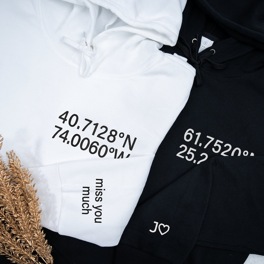 Custom Embroidered Location Coordinates Hoodie, Long Distance Couple Personalized Hoodie Initial on Sleeve, Long Distance Relationship Gifts Hoodie, Sweatshirt