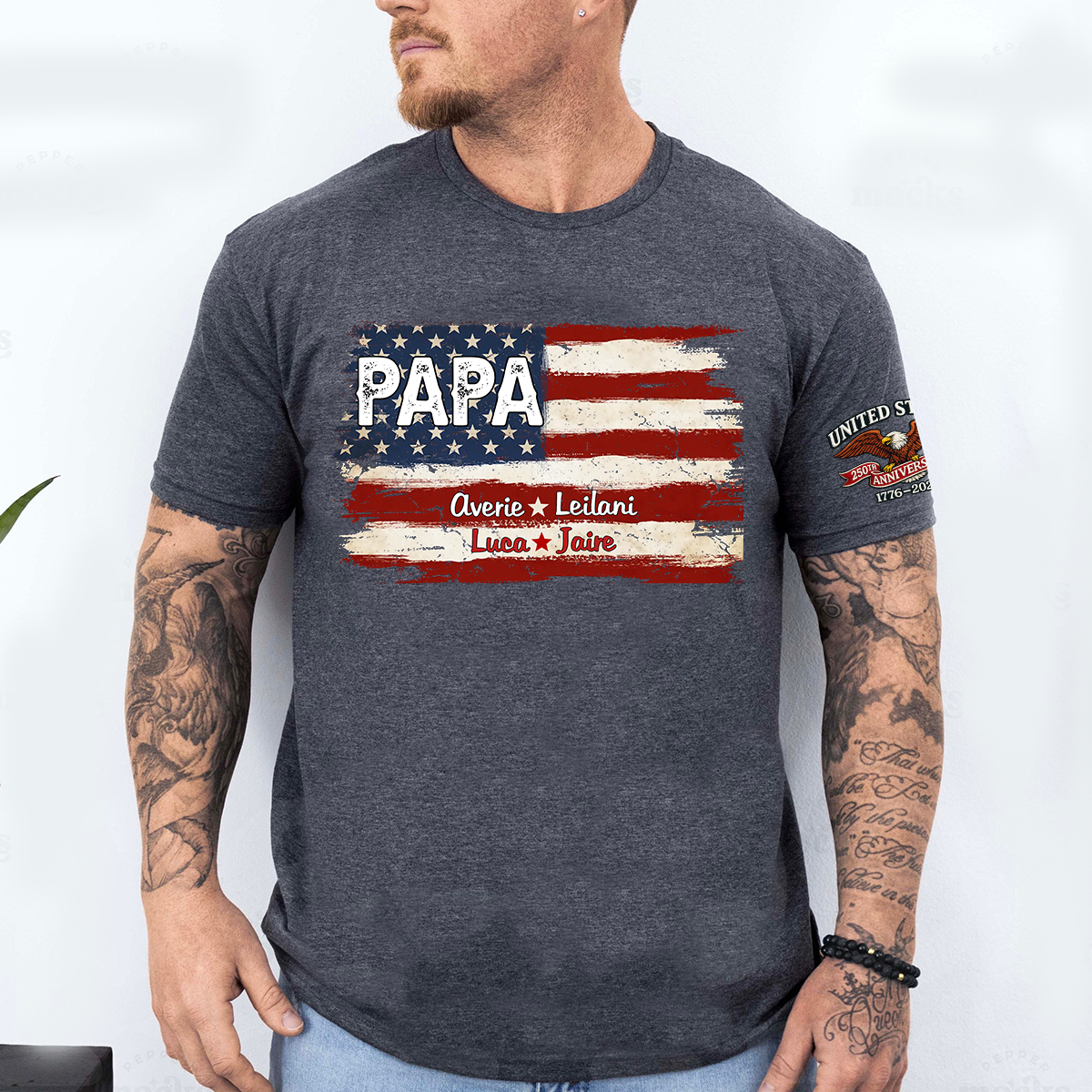 Custom Papa American Flag Shirt with Kids Names, Personalized Patriotic Papa T Shirt Family Gift