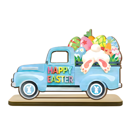 Personalized Easter Wooden Truck Plaque - Custom "Happy Easter" Decor with Colorful Eggs and Bunny Design