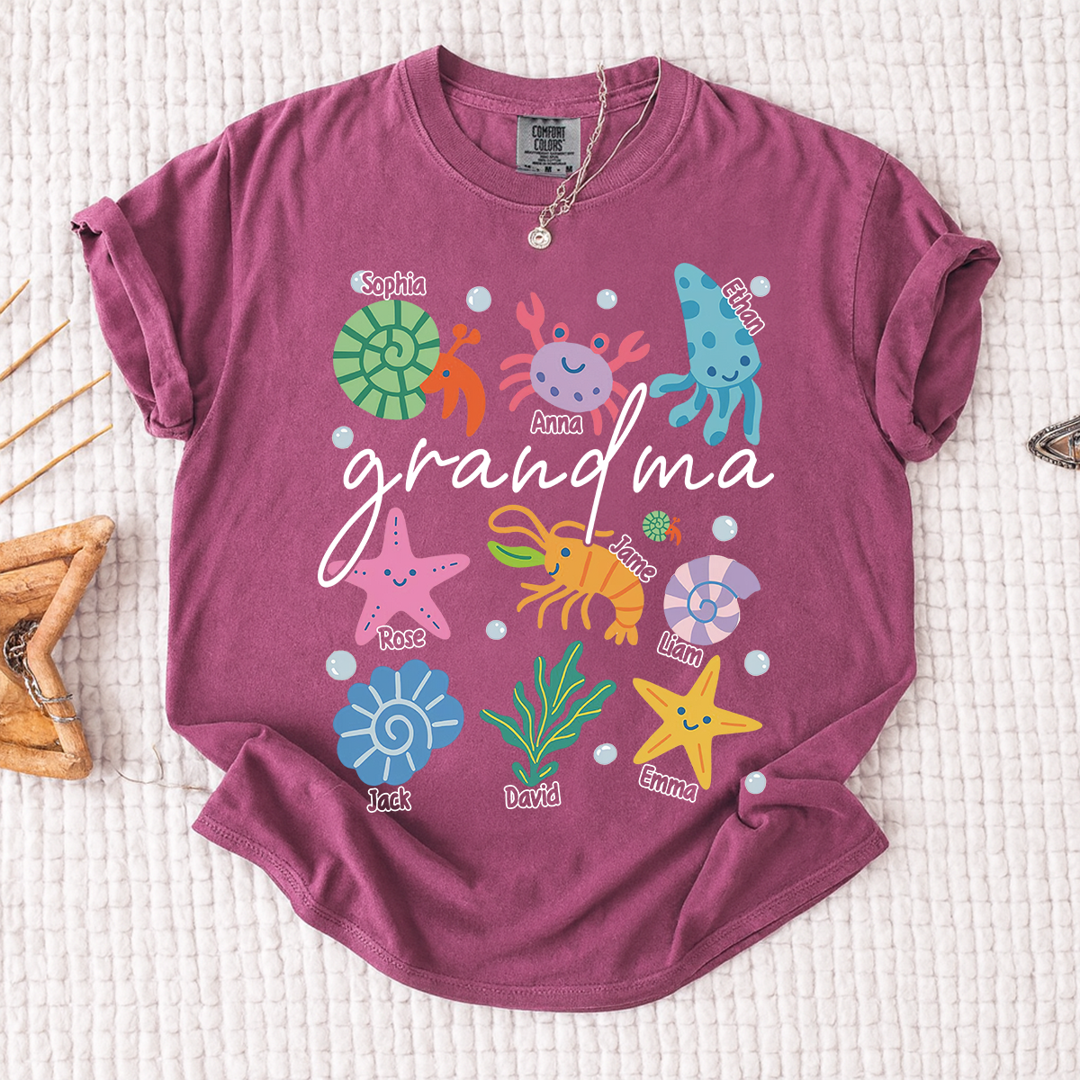 Comfort Colors® Personalized Grandma Sea Animals Shirt, Custom Grandkids Names Tee, Coastal Grandma Ocean Life T Shirt, Beach Gift for Grandma