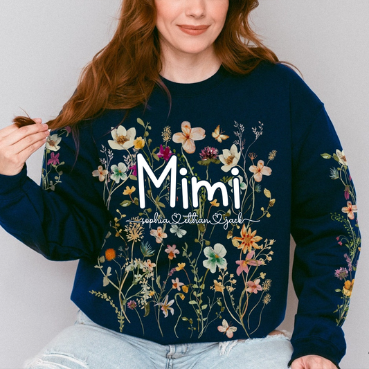 Vintage Pressed Flowers Mimi And Kids Sweatshirt, Boho Cottagecore Crewneck, For Gift Family
