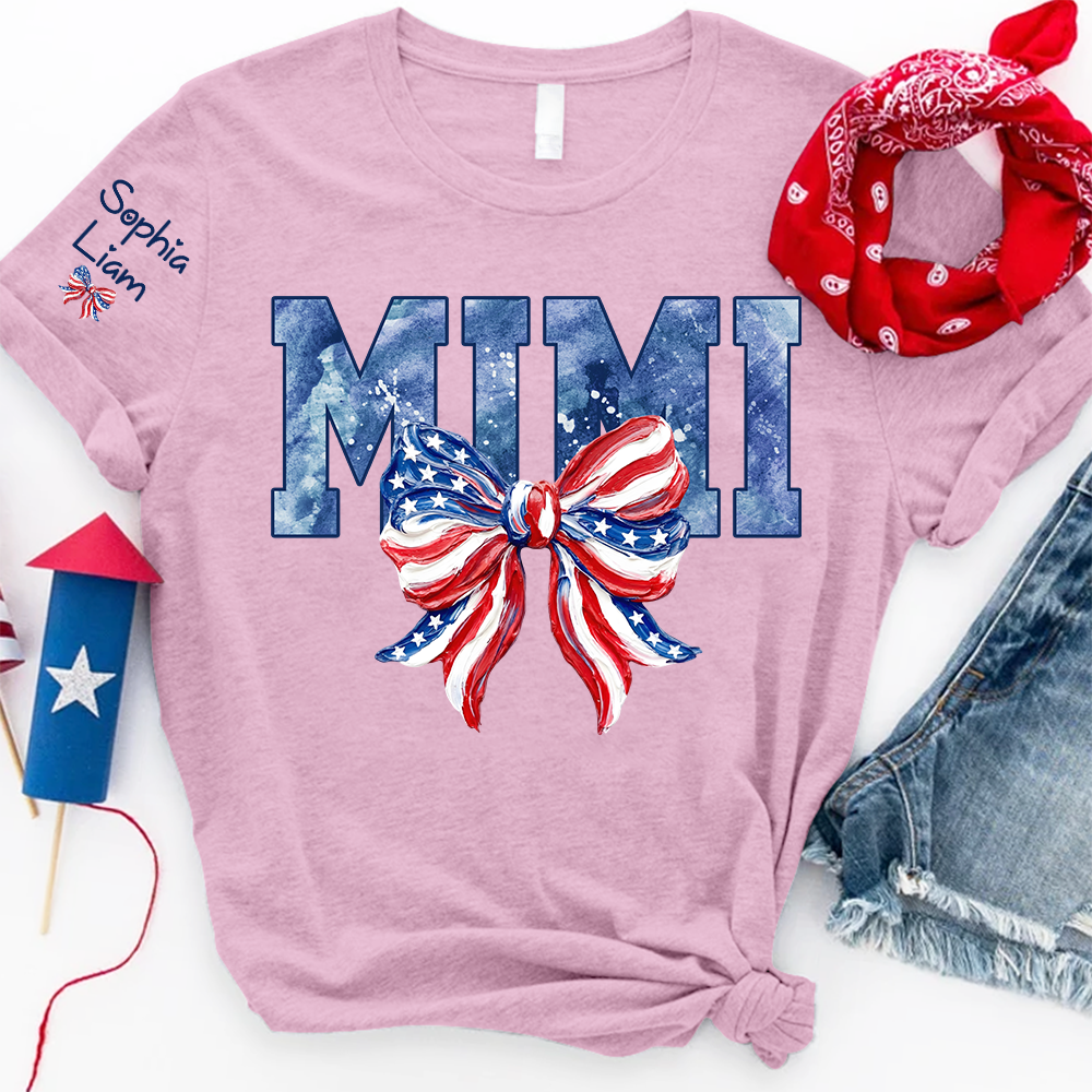 Custom Mimi Shirt with Sleeve Names, American Flag Bow Graphic Tee, Patriotic Grandma Independence Day Apparel