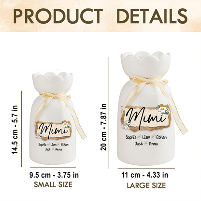 Personalized Mimi Flower Vase with Grandkids' Names, Custom Ceramic Vase, Perfect Gift for Mimi